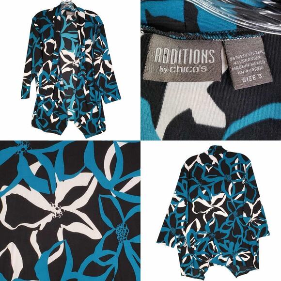 Additions by Chicos Cardigan Womens Size 3 Black & Blue Floral Open Front - Picture 1 of 7